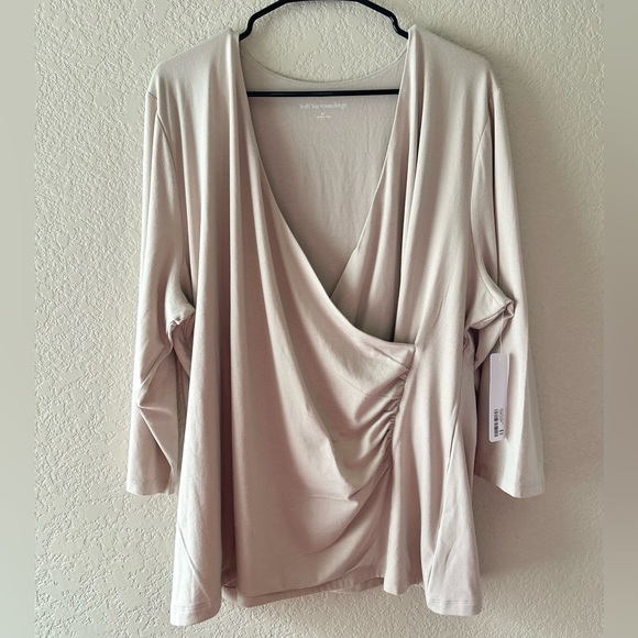 Soft Surrounding 3/4 Sleeve Alyssa Knit Faux Wrap Faded Taupe Top - Picture 2 of 8